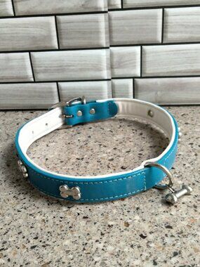 Blue White & Chrome Leather Dog Collar 24" MEDIUM